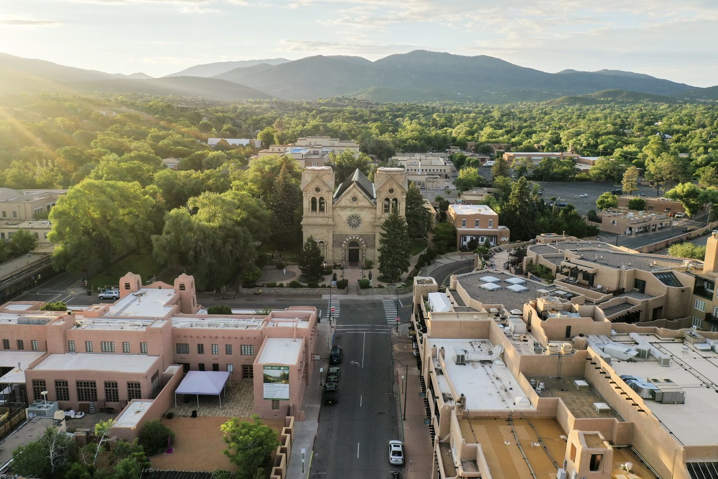 Sky view of the Cathedral Basilica in downtown Santa Fe