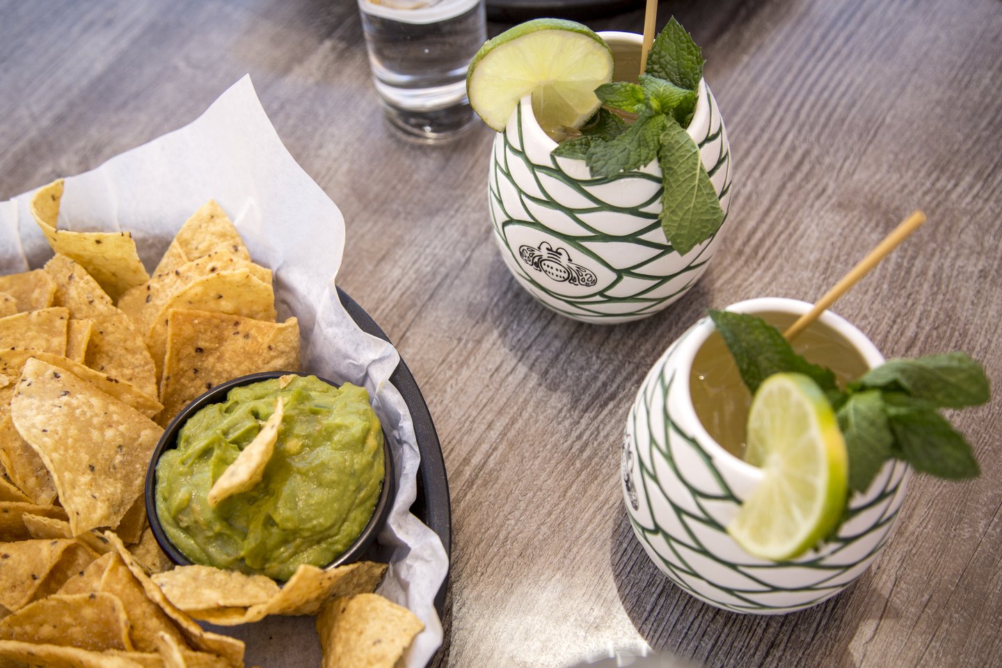 Santa Fe Cuisine, two margaritas with chips and guacamole